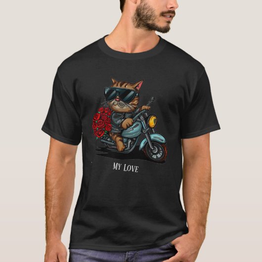 Kat rijden motorfiets rode rozen bloemen mijn lief t-shirt (Voorkant)