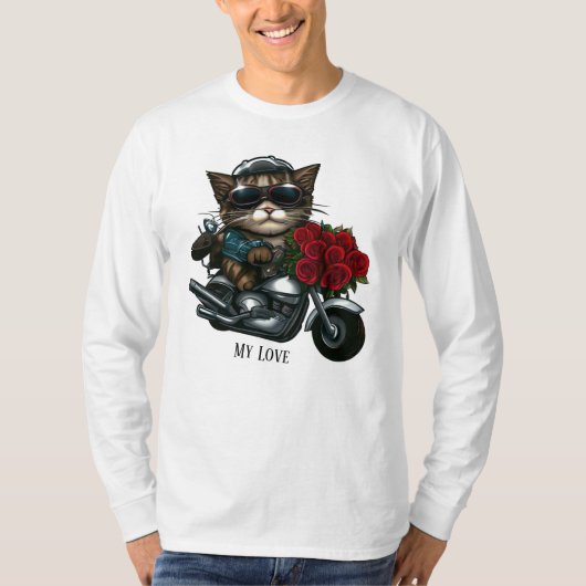Kat rijden motorfiets rode rozen bloemen mijn lief t-shirt (Voorkant)