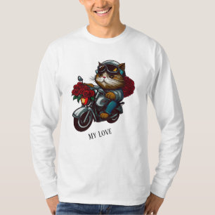 Kat rijden motorfiets rode rozen bloemen mijn lief t-shirt