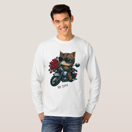 Kat rijden motorfiets rode rozen bloemen mijn lief t-shirt (Voorkant volledig)