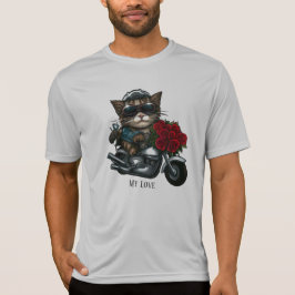 Kat rijden motorfiets rode rozen bloemen mijn lief t-shirt