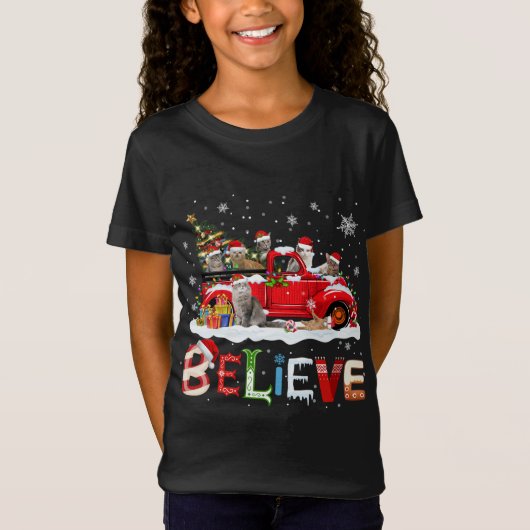 Kat Rijden Rode Vrachtwagen Kerstboom Geloof Kerst T-shirt (Voorkant)