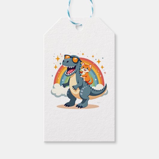 Kat rijdt op dinosaurus T-Rex kitten regenboog Din Cadeaulabel (Voorkant)