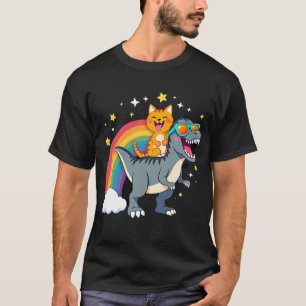 Kat rijdt op dinosaurus T-Rex kitten regenboog Din T-shirt