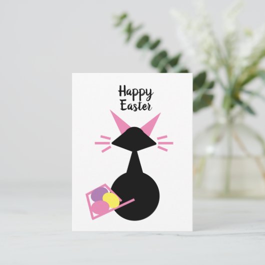 Kat Roze Kat Retro Whimsical Grahi Happy Pasen Feestdagenkaart (Staand voorkant)
