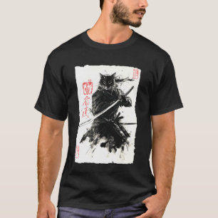 Kat Samurai Japanse Sumi-e Schilderkunst Katana Ku T-shirt