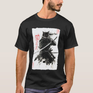 Kat Samurai Japanse Sumi-e Schilderkunst Katana Ku T-shirt