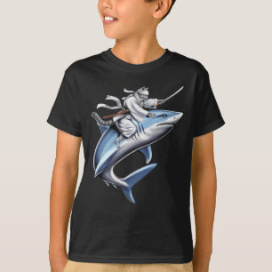 Kat Samurai Ninja Riding Shark T-shirt