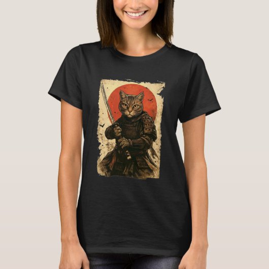 Kat Samurai Oude Japanse Krijger T-shirt (Voorkant)