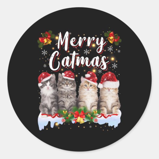 Kat santa kerst familie bijpassende vrolijke catma ronde sticker (Voorkant)