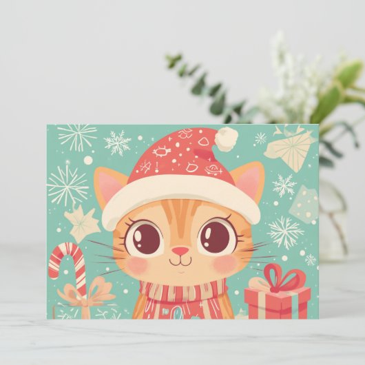 Kat Schattige Xmas Candy Cane Gifts Aangepaste tek Feestdagenkaart (Staand voorkant)