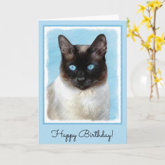 Kat schilderen van Siamese - Kute Original Cat Art Kaart (Gele Bloem)