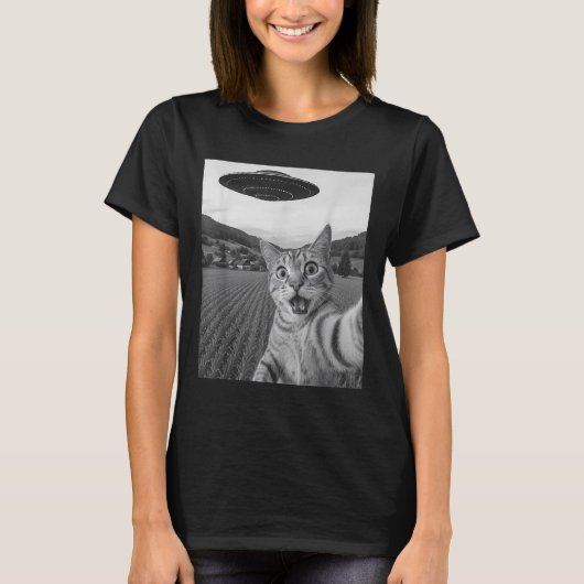 Kat Selfie Met Alien UFO Grappige Kat Grappige Ali T-shirt (Voorkant)