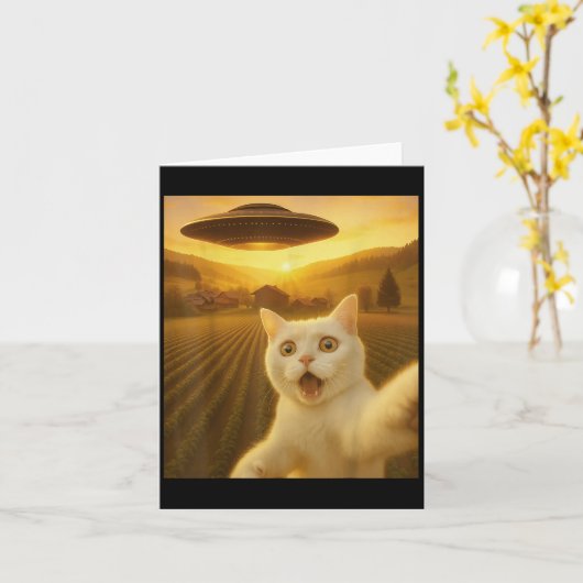 Kat Selfie Met Alien UFO Grappige Katten Cadeaus V Kaart (Gele Bloem)