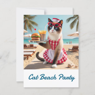 Kat serveert hamburger voor strandfeest briefkaart