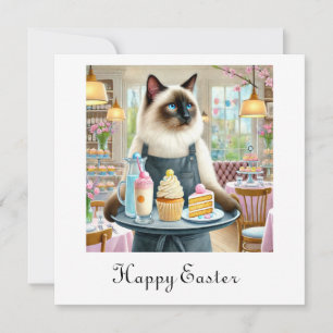 Kat serveert taart en drink in café feestdagenkaart