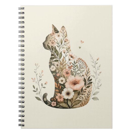 Kat Silhouet Bloem Boho Wilde Bloem Notitieboek (Voorkant)