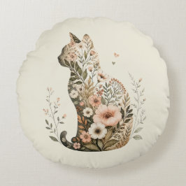 Kat Silhouet Bloem Boho Wilde Bloem Rond Kussen