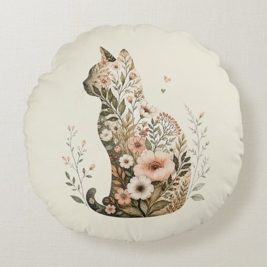 Kat Silhouet Bloem Boho Wilde Bloem Rond Kussen (Voorkant)