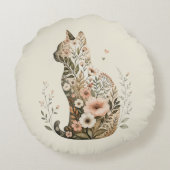 Kat Silhouet Bloem Boho Wilde Bloem Rond Kussen (Achterkant)