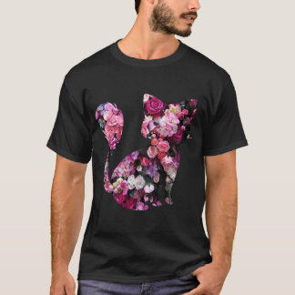 Kat silhouet en roze rozen t-shirt