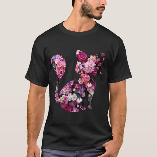 Kat silhouet en roze rozen t-shirt (Voorkant)