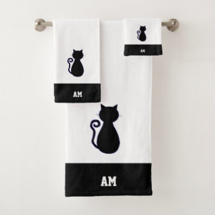 Kat Silhouet & monogram op zwart & wit Bad T Handdoek