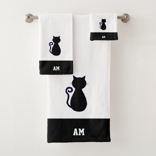 Kat Silhouet & monogram op zwart & wit Bad T Handdoek (Insitu)