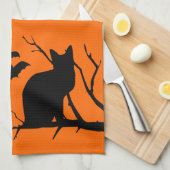 Kat Silhouet Sinaasappel Halloween Keukenhanddoek (Quarter Fold)