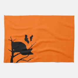 Kat Silhouet Sinaasappel Halloween Keukenhanddoek