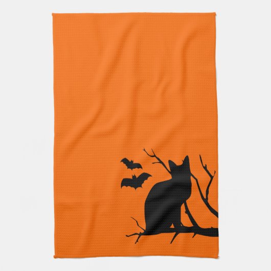 Kat Silhouet Sinaasappel Halloween Keukenhanddoek (Verticaal)