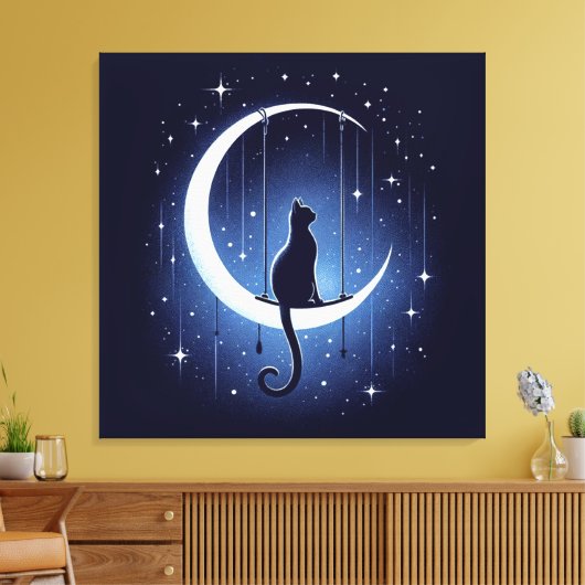 Kat silhouet swingen van de halve maan canvas afdruk (Insitu (Woonkamer))
