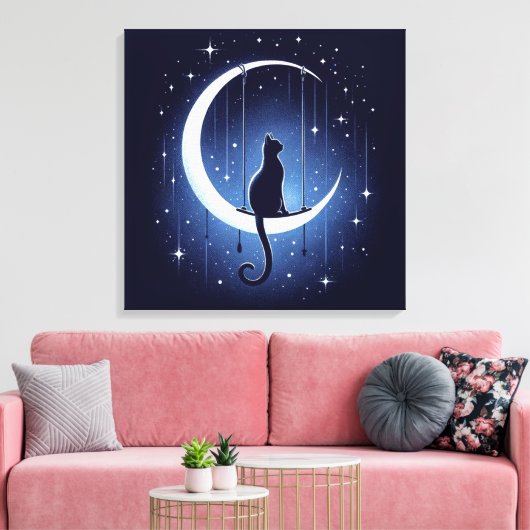 Kat silhouet swingen van de halve maan canvas afdruk (Insitu (Woonkamer))