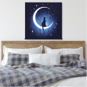 Kat silhouet swingen van de halve maan canvas afdruk (Insitu (Slaapkamer))