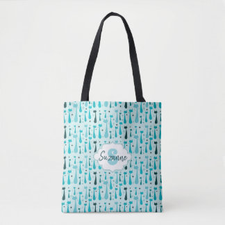 Kat Silhouette van atoomretroflectoren, Blauwgroen Tote Bag