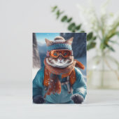 Kat skiën op de besneeuwde hellingen briefkaart (Staand voorkant)