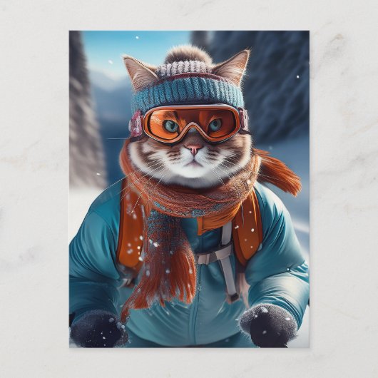 Kat skiet de besneeuwde hellingen briefkaart (Voorkant)