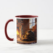 Kat slaapt bij het vuur in een houten chalet. mok (Links)