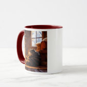 Kat slaapt bij het vuur in een houten chalet. mok (Voorkant links)