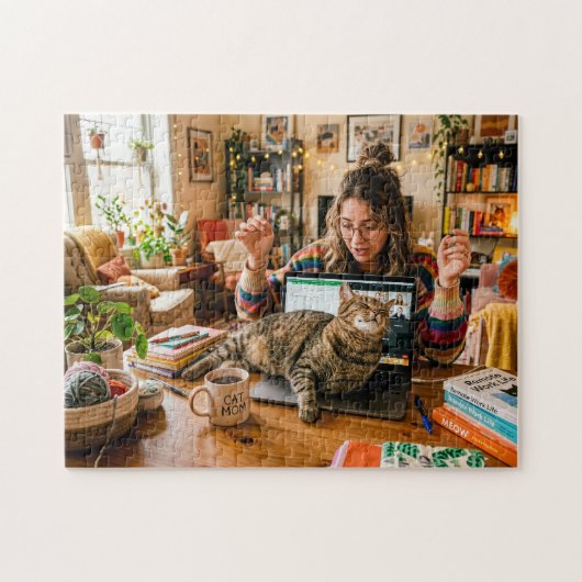 Kat slaapt op laptop tijdens vergadering legpuzzel (Horizontaal)