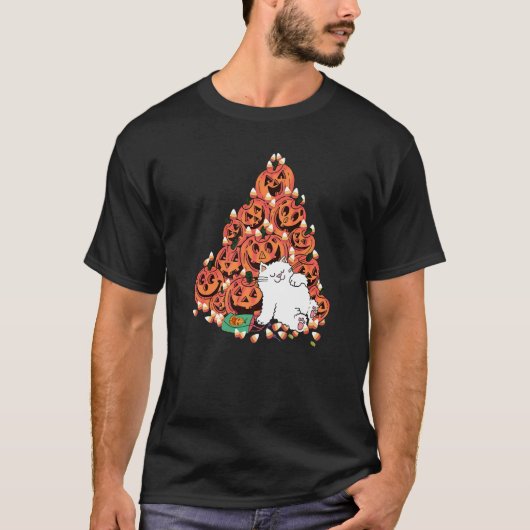 Kat slapen naast enge pompoen Snoep Halloween T-shirt (Voorkant)