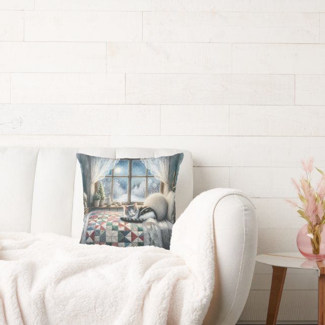 Kat Slapen op Bed Quilt Kussen (Bank)