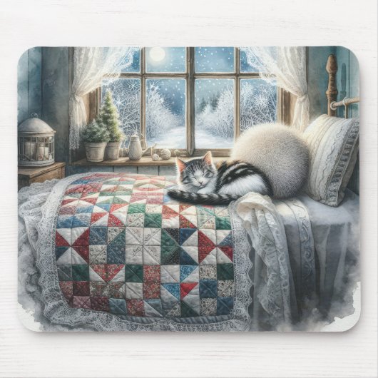 Kat Slapen op Bed Quilt Muismat (Voorkant)