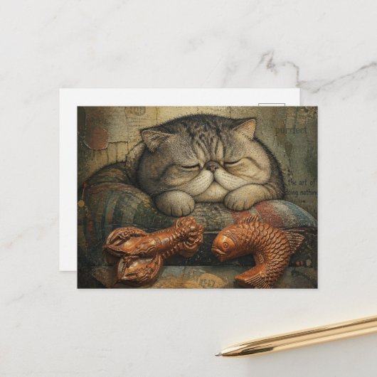 Kat Slapend Met Kreeft en Vis Briefkaart (Voorkant / Achterkant in situ)