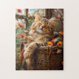 Kat Slapend op Vensterbank Tussen Bloemen Legpuzzel