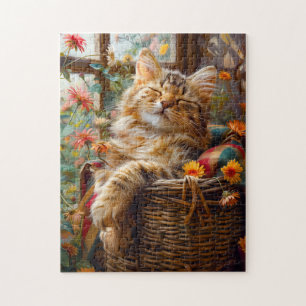 Kat Slapend op Vensterbank Tussen Bloemen Legpuzzel