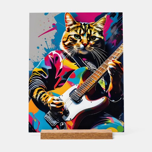 Kat speelt gitaar, rock graffiti acryl bord (Voorkant)