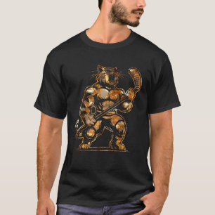 Kat speelt ijshockey mascotte sportspel goud t-shirt