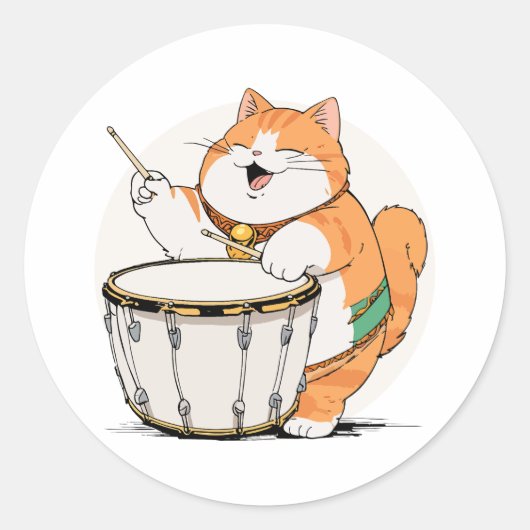 Kat Speelt Op De Trom Ronde Sticker (Voorkant)