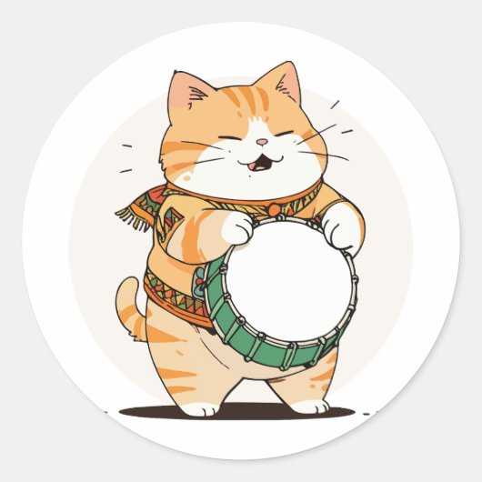 Kat Speelt Op De Trom Ronde Sticker (Voorkant)